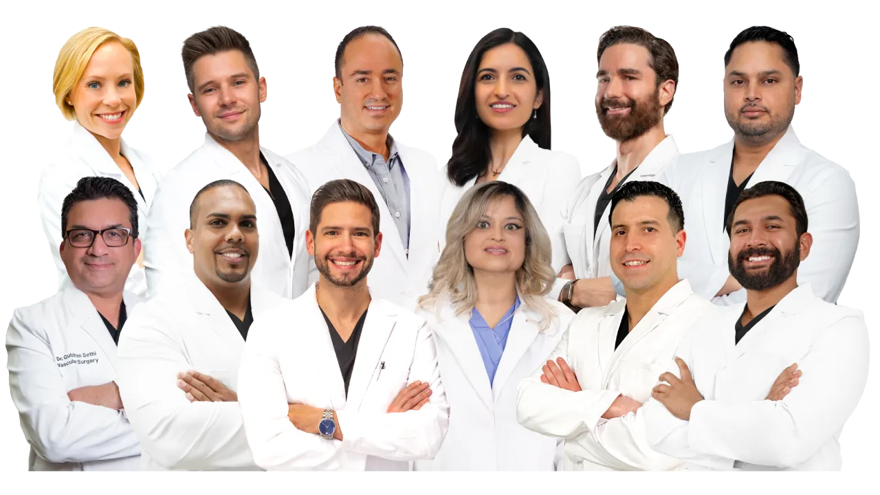 A group portrait of twelve medical professionals from The Vein Treatment Clinic in New York, including Dr. Gulshan Sethi and eleven other vein specialists, all wearing professional white lab coats against a white background.