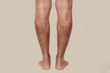 A back view of a person's lower legs showing significant skin discoloration and dark brown patches around the calves and ankles, which are characteristic signs of advanced chronic venous insufficiency and stasis dermatitis.