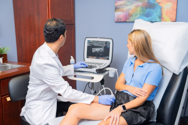 Dr. Kamran Saraf of Vein Treatment Clinic performing a vein ultrasound exam on a patient's leg on an exam table. Dr. Saraf, wearing a lab coat, holds a transducer over the woman's leg while both look at the ultrasound monitor screen
