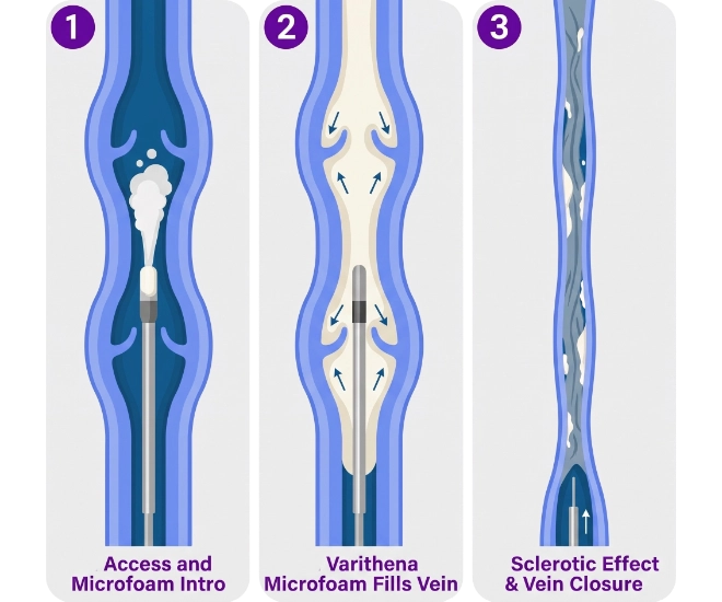 Varithena_procedure_optimized A three-step medical diagram illustrating how the Varithena microfoam treatment closes a diseased vein.
