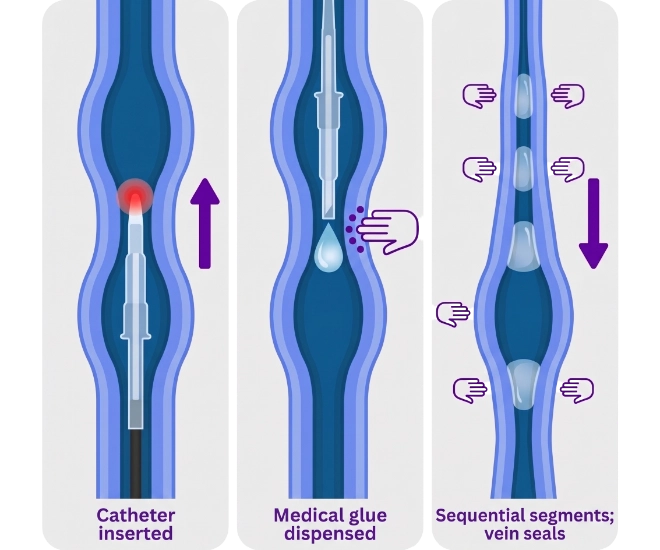 VenaSeal_procedure_optimized A three-step medical diagram illustrating how the VenaSeal treatment closes a diseased vein.